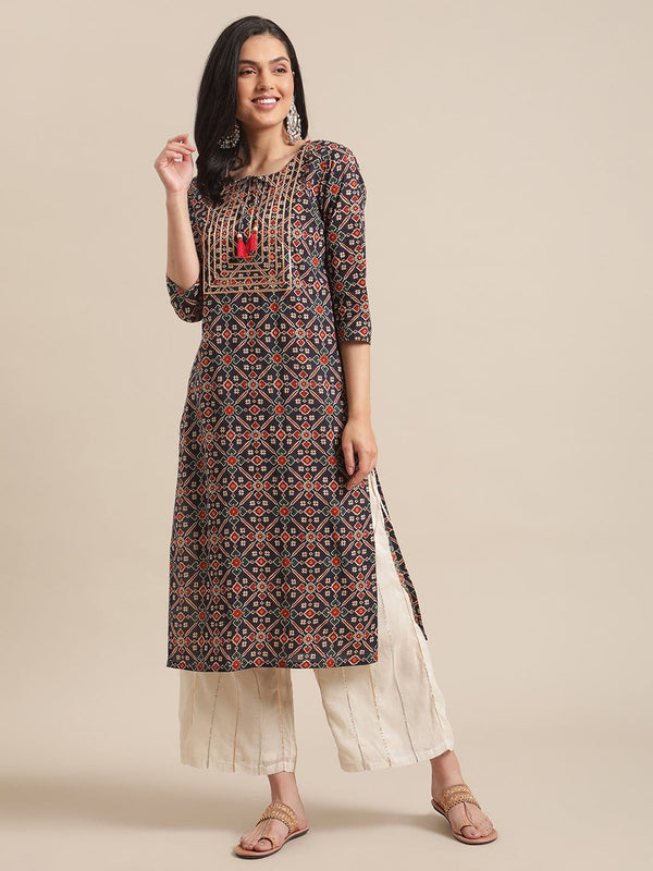 Women's Blue And Maroon Abstract Printed Kurta With Gota Work On Yoke And 3/4Th Sleeves - Varanga