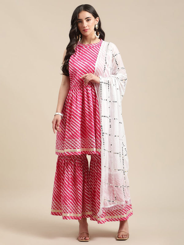 Women's Pink And White Leheriya Halter Neckline Gota Work Kurta With Sharara And Sequins Emebllished Dupatta - Varanga