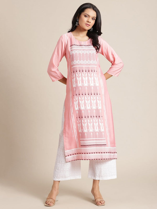 Women's KSUT Pink And White Geometric Printed Straight Kurta With 3/4Th Sleeves - Varanga