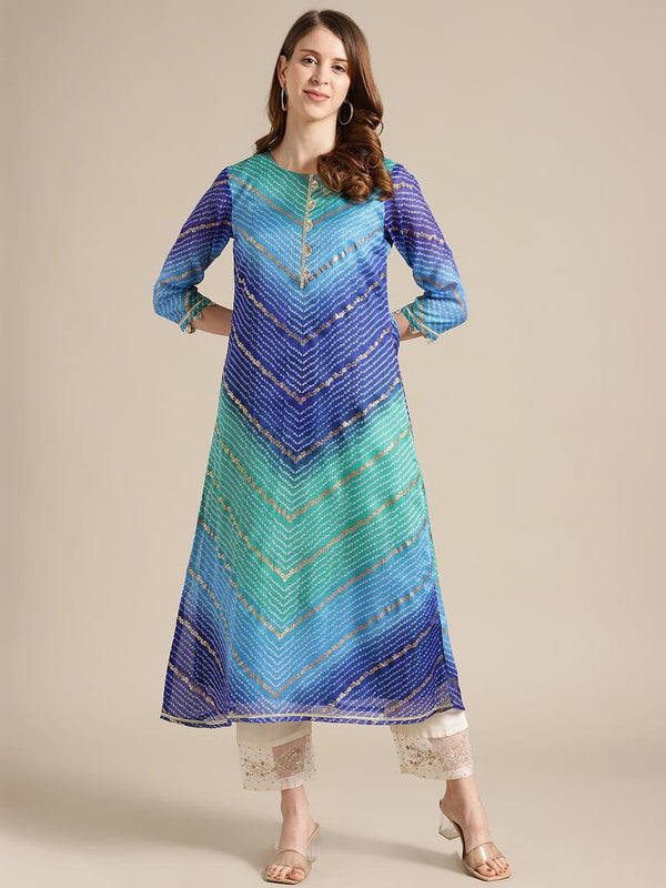 Women's Blue And Sea Green Bandhej Foil Printed Kurta With Gota Fan Embellishment On Yoke - Varanga