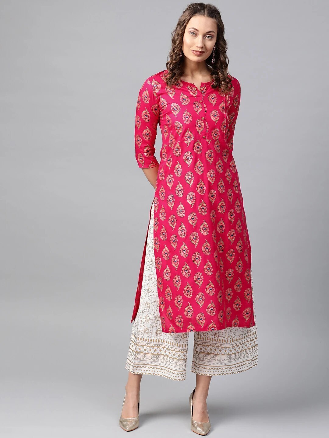 Women's Pink & Golden Printed Straight Kurta - Anubhutee USA