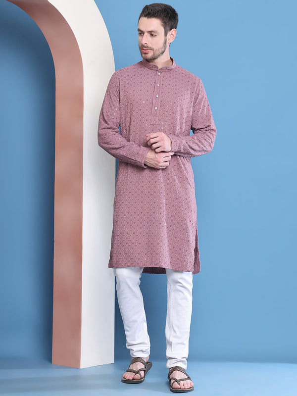 Men's  Purple Viscose Rayon Embroidered Kurta - Grage