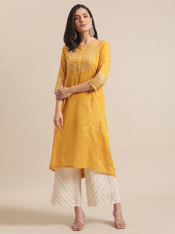 Women's Mustard Gota Embellished Kurta With Off White Gota Embellished Palazzo - Varanga