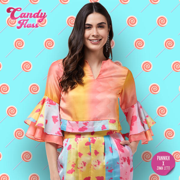 Women's Candy Inspired Digital Printed Bell Sleeves Top - Pannkh