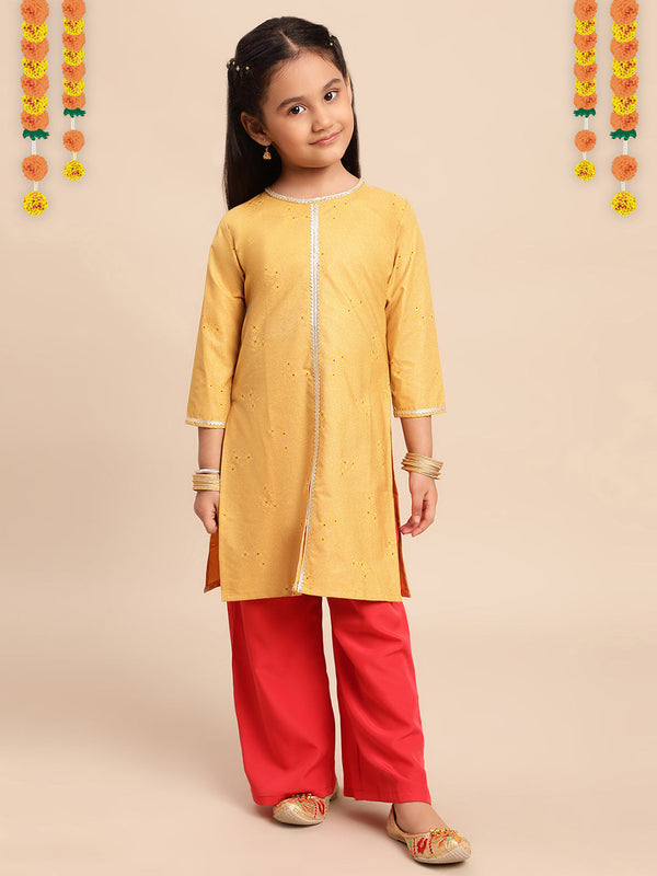 Mustard Yellow & Red Printed Girls Kurta Set