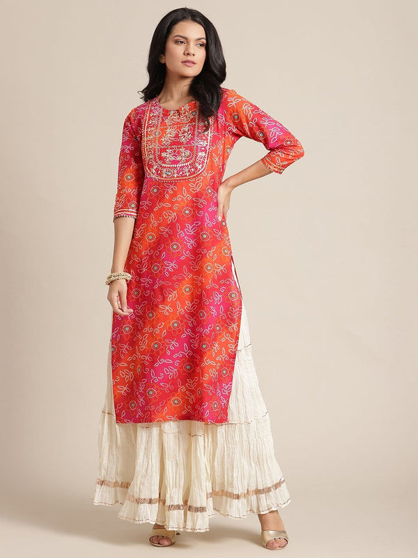 Women's KSUT Pink And Orange  Bandhani Zari Embroidery Kurta With Gota Embellished Sleeves - Varanga