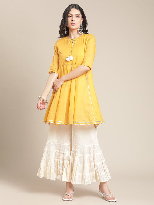 Women's Mustard Gota Embellished Short Kurta With Off White Tear Sharara - Varanga