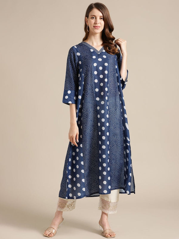 Women's Indigo And White Polka Dot Printed A Line zari embellished kurta with balloon pants - Varanga