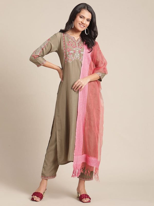 Women's Solid Olive Kurta With Thread And Zari Embroidery And Paired With Trouser And Contrast Dupatta - Varanga