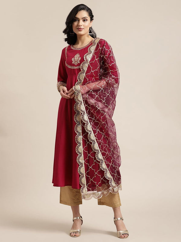 Women's Magenta And Gold Anarkali, Solid Kurta With Zari Work On Yoke And Paired With Gold Pant And Heavy Gota Embroidered Dupatta - Varanga