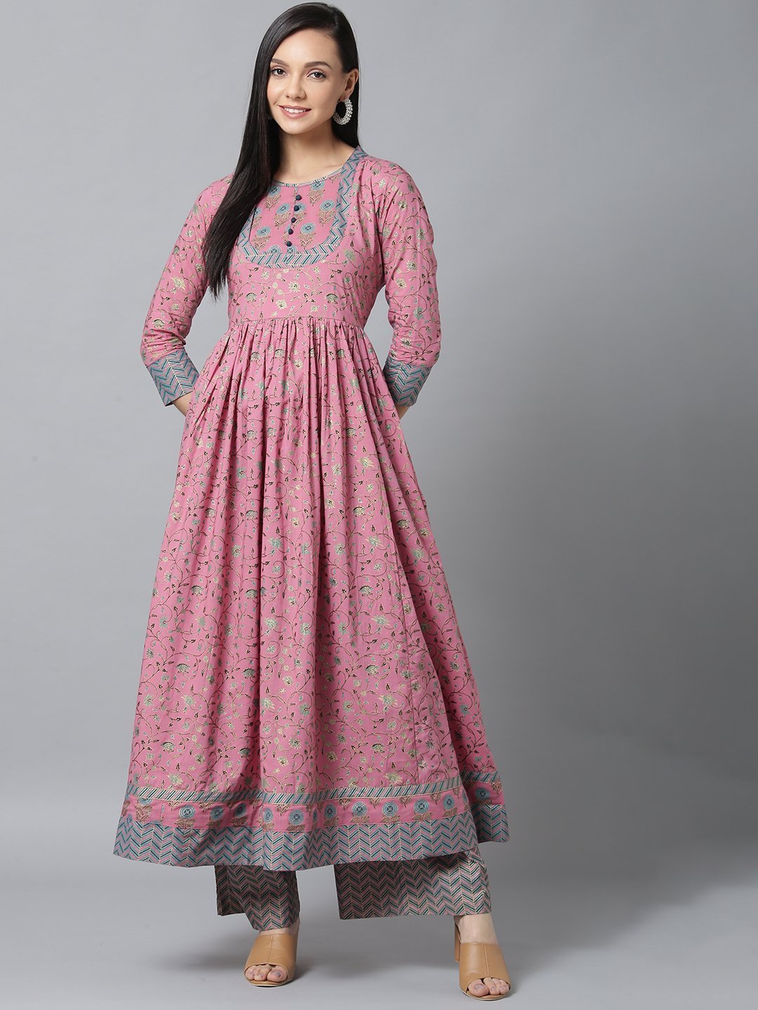 Women's Pink & Blue Printed Kurta - Yufta