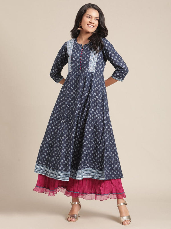 Women's Blue Floral Ankle Length Flared Kurta With Regular Sleeve And Round Neck - Varanga