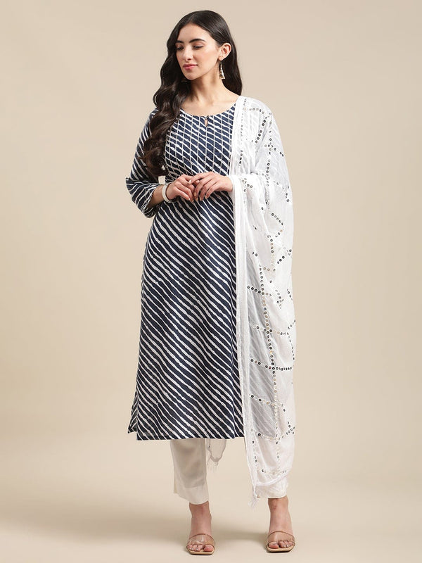 Women's Navy Blue And White Leheriya Gota Work Kurta With Trouser And Sequins Emebllished Dupatta - Varanga