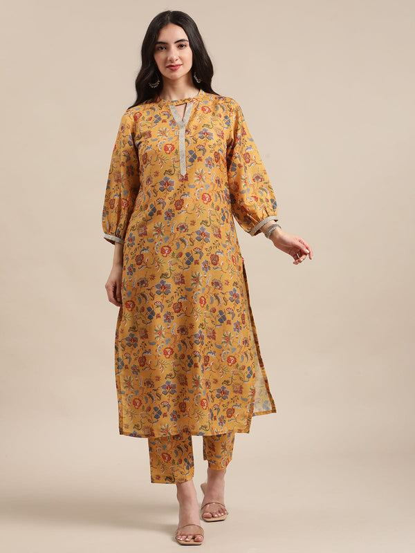 Women's Mustard Floral Printed Zari Work Straight Kurta Trouser Set - Varanga