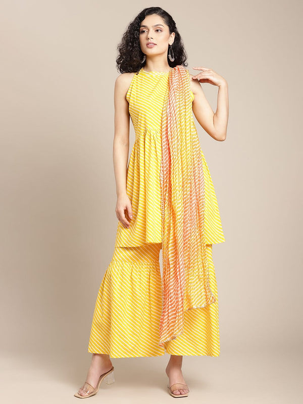 Women's Mustard Leheriya Printed Halter Neck Kurta With Leheriya Sharara And Crushed Bandhej Dupatta - Varanga