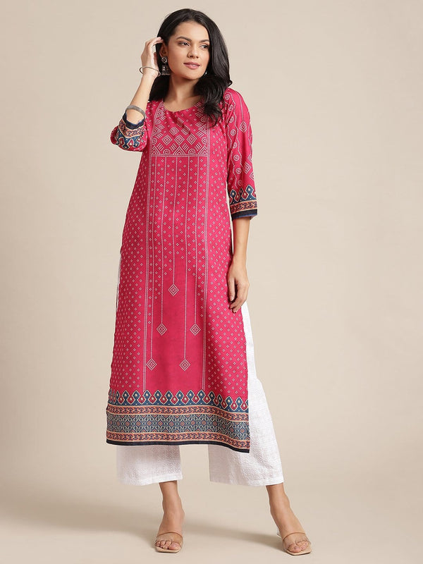 Women's KSUT Pink And Cream Bandhani Printed Straight Kurta With 3/4Th Sleeves - Varanga