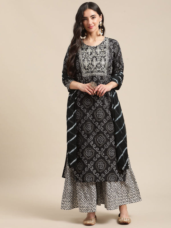 Women's Black And White Bandhej And Leheriya Printed Zari Embroidery Kurta Sharara Set With Leheriya Dupatta - Varanga