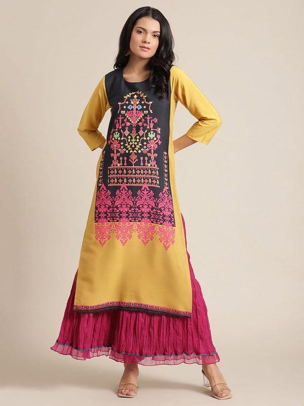 Women's KSUT Yellow And Black Abstract Printed Straight Kurta With 3/4Th Sleeves - Varanga