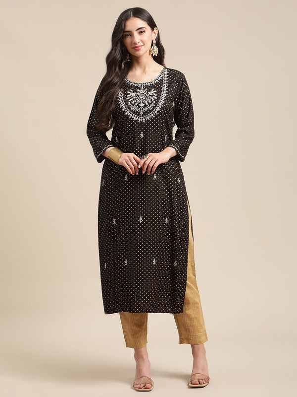 Women's Black And Gold Mirror Work Kurta With Golden Self Design Trouser - Varanga