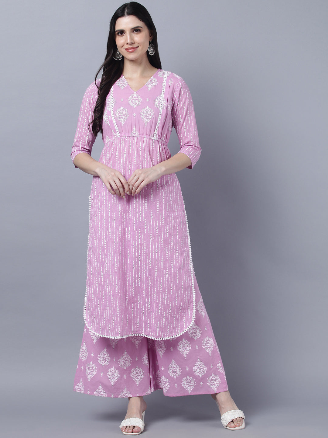 Women's Stylish Pink  3/4 Sleeve Kurta Palazzo Set - Myshka