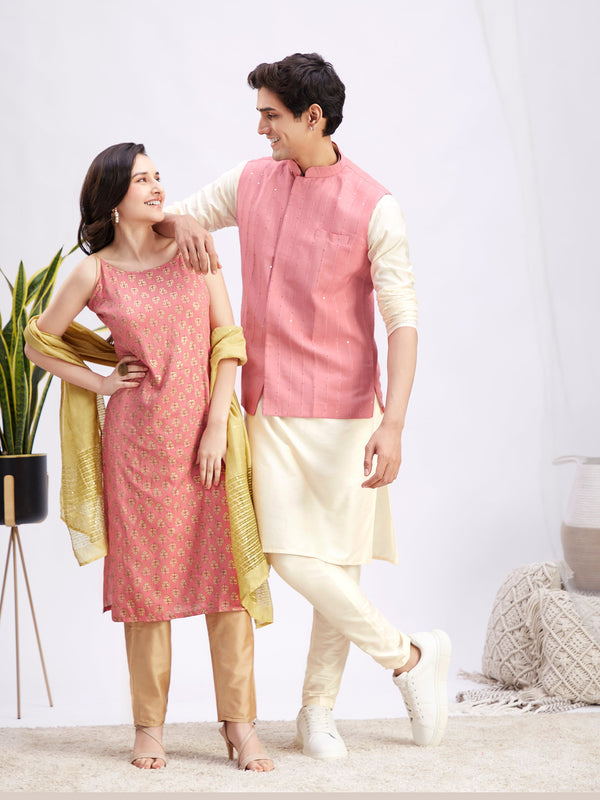 MEN WOMEN 36 - 42 Pink Cotton Blend Men's:Nehru Jacket  Women's:Kurta Set