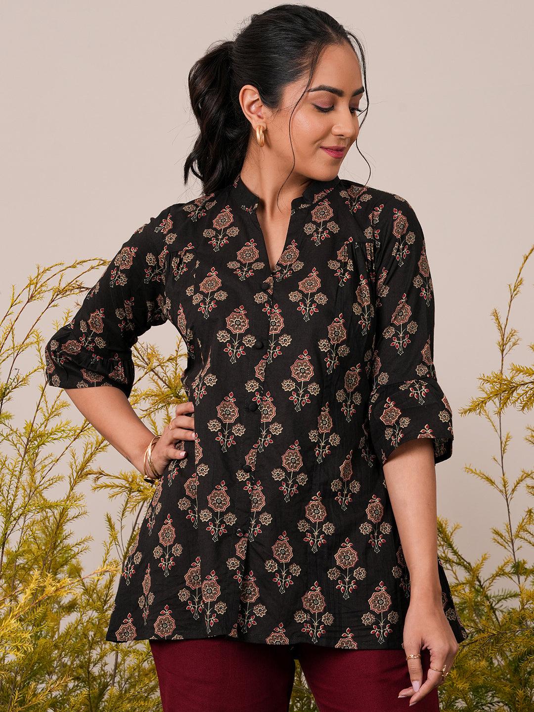 Black Printed Cotton Straight Kurti - Jashvi