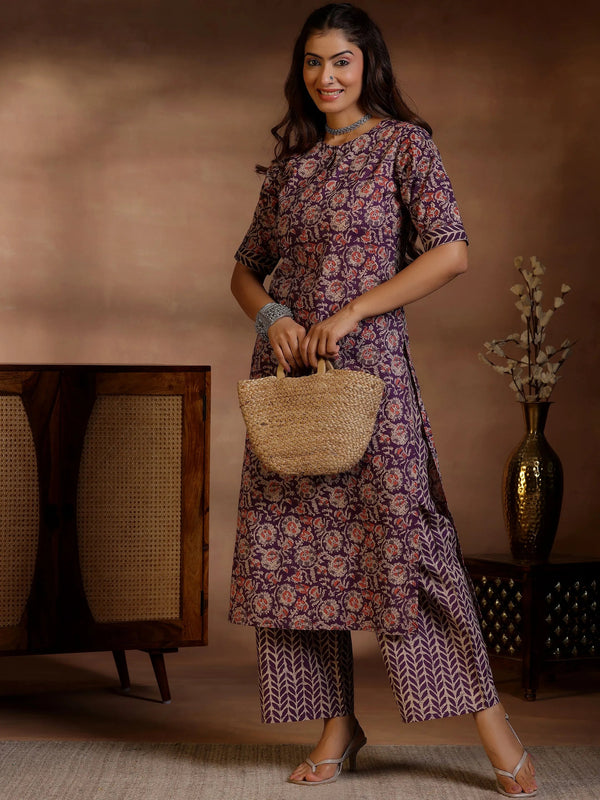 Purple Printed Cotton Straight Kurta Set