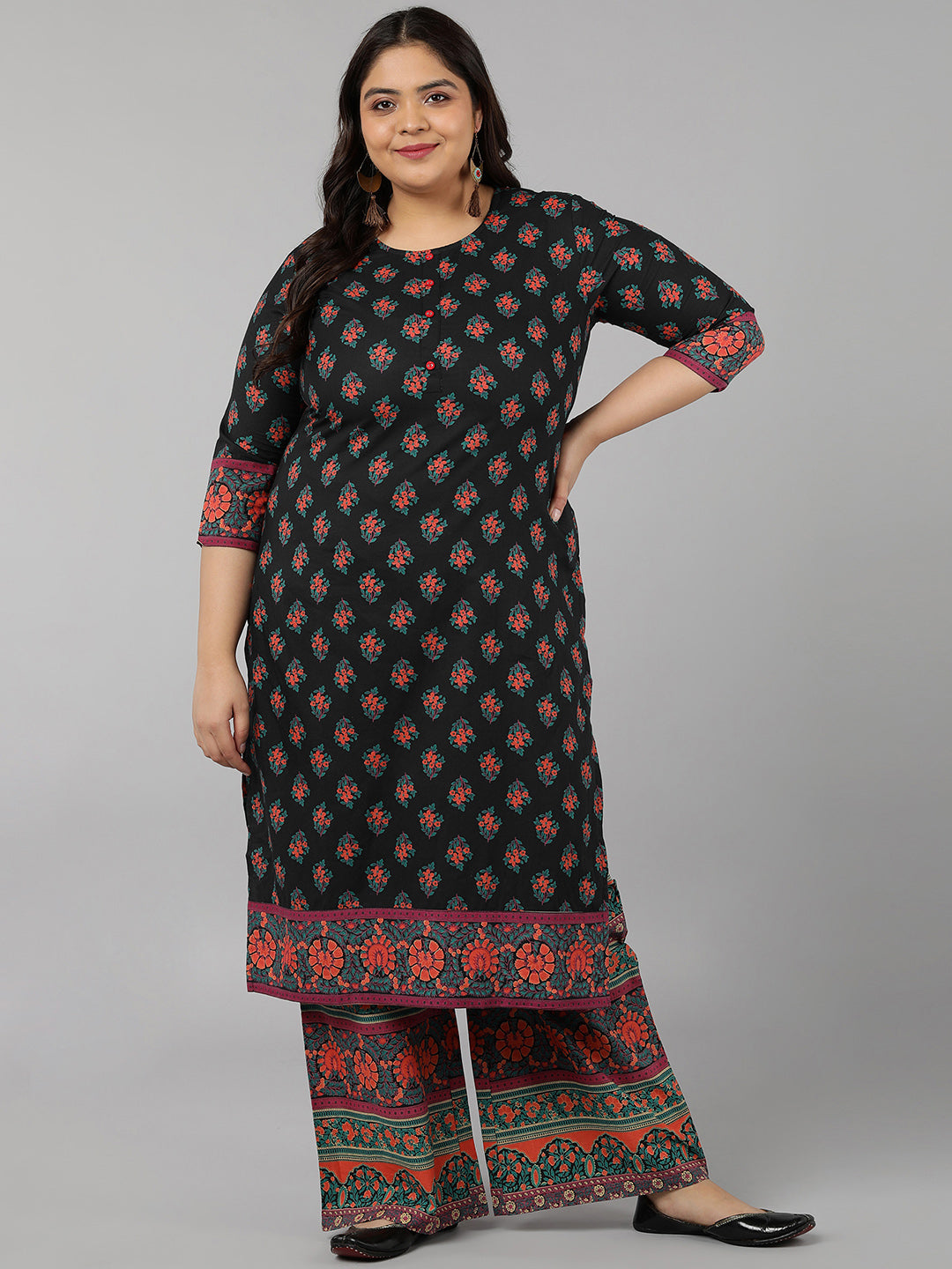 Women's Cotton Block Print Straight Kurta Set (Black) - Kipek