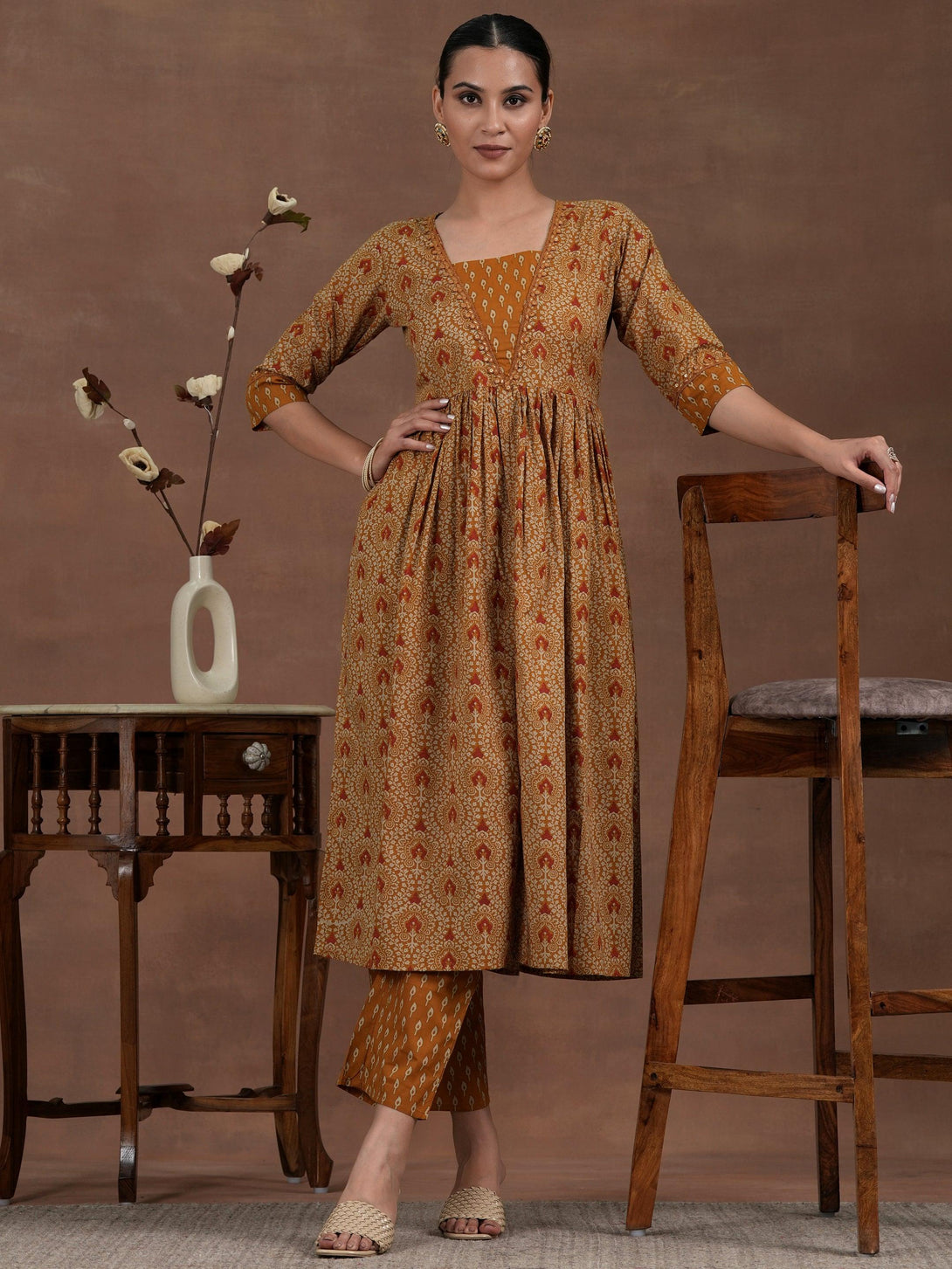 Mustard Printed Cotton A-Line Kurta With Palazzos - Jashvi