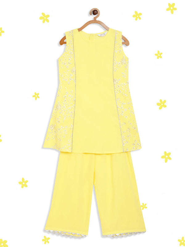 Yellow Floral Printed Gotta Patti Pure Cotton Girls Kurta with Palazzos