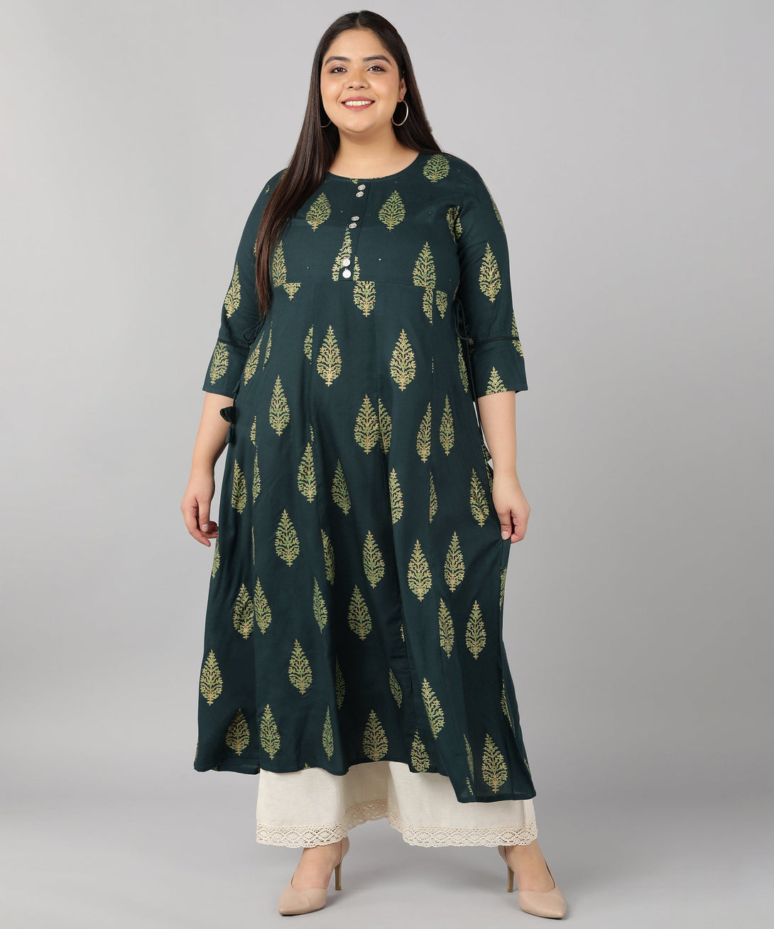 Women's Rayon Block Print Anarkali Kurta (Dark Green) - Kipek