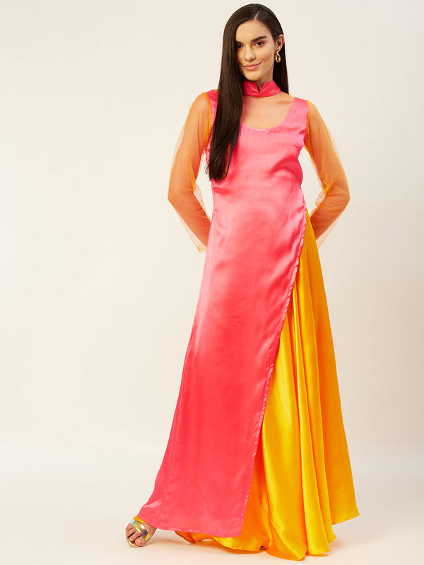 Women's Yellow Pink Satin Set - Khumaar- Shuchi Bhutani