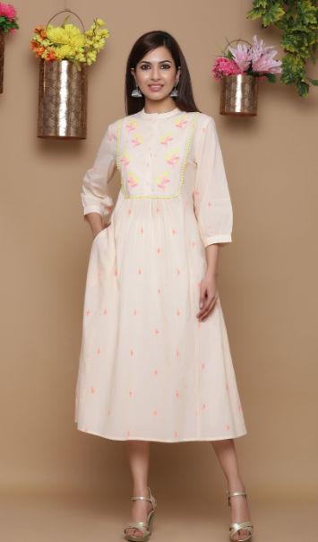 Women's Peach Cotton Embroidered Flared Dress - Juniper