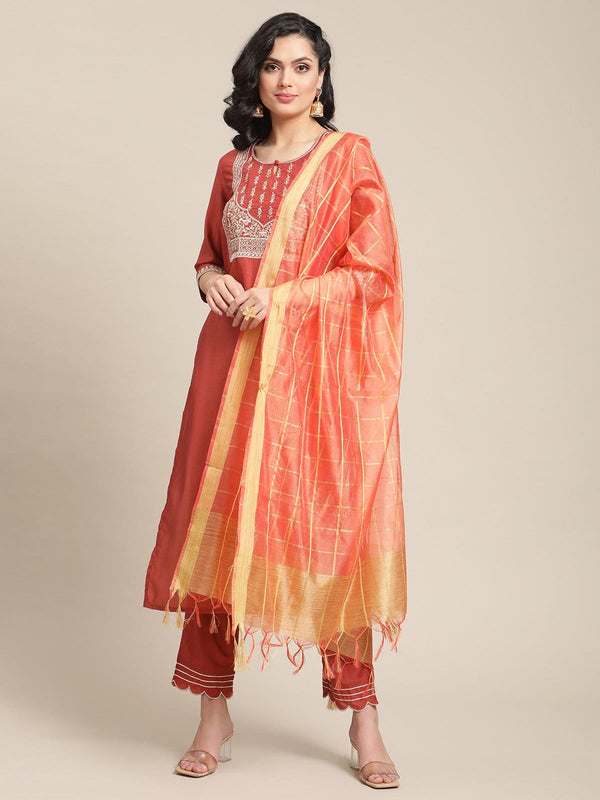 Women's Rust Color Round Neckline Embroidred Straight Kurta Paired With Emroidered Bottom And Dupatta - Varanga