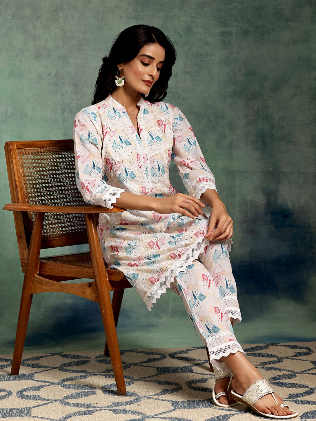 Cream Printed Cotton A-Line Kurta With Trousers - Jashvi