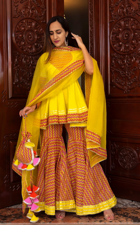 Women's Tuscan Yellow Cotton Sharara Set  - Pomcha Jaipur