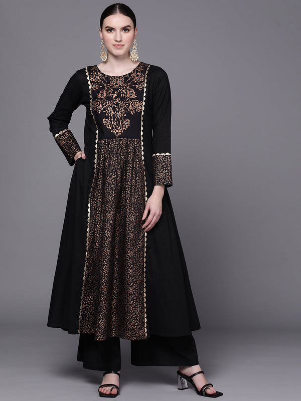 Black Floral Printed Pure Cotton Kurta with Palazzos