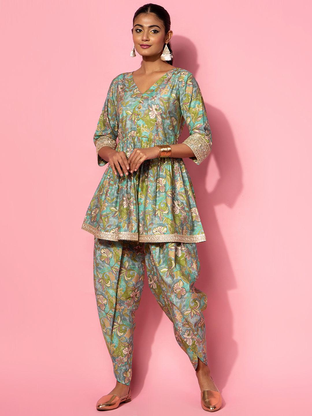 Green Printed Silk Blend Co-Ords - Jashvi