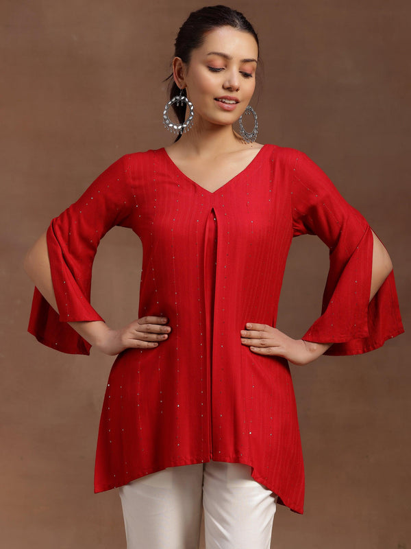 Red Solid Cotton Blend A-line Kurti