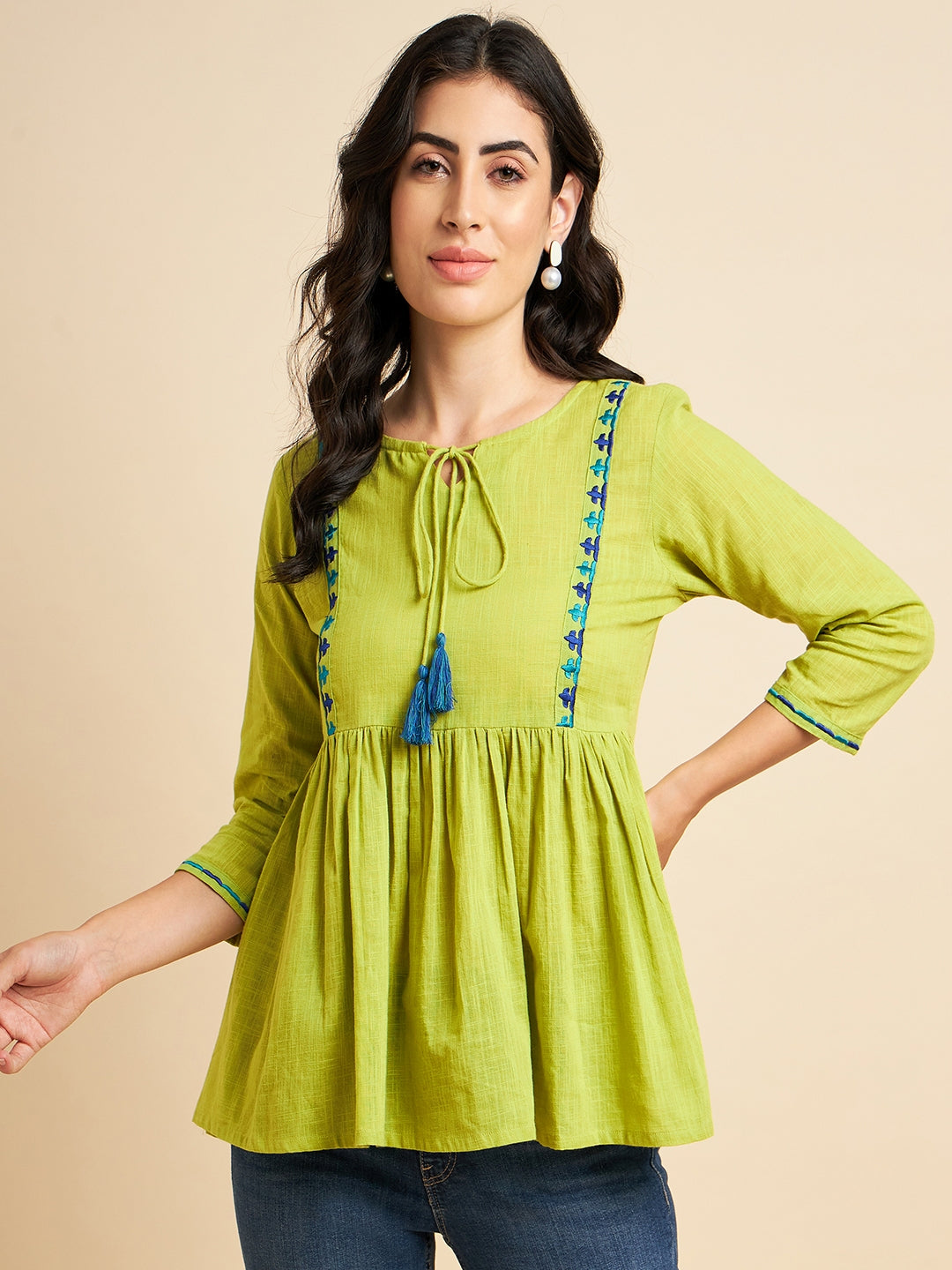 Women's Lime Green Emroidered Peplum Cotton Top - Azira