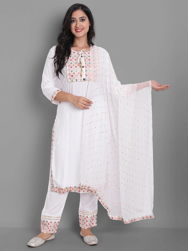 Women's Embroidred Kurta Pant And Dupatta Set (White) - Noz2Toz