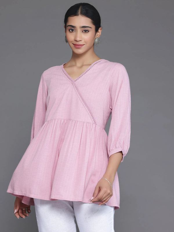 Pink Woven Design Cotton Blend A-Line Kurti