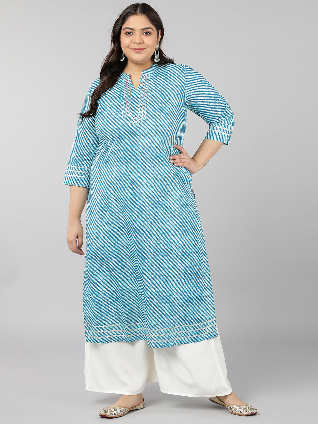 Women's Cotton Stripe Print Straight Kurta (Blue) - Kipek