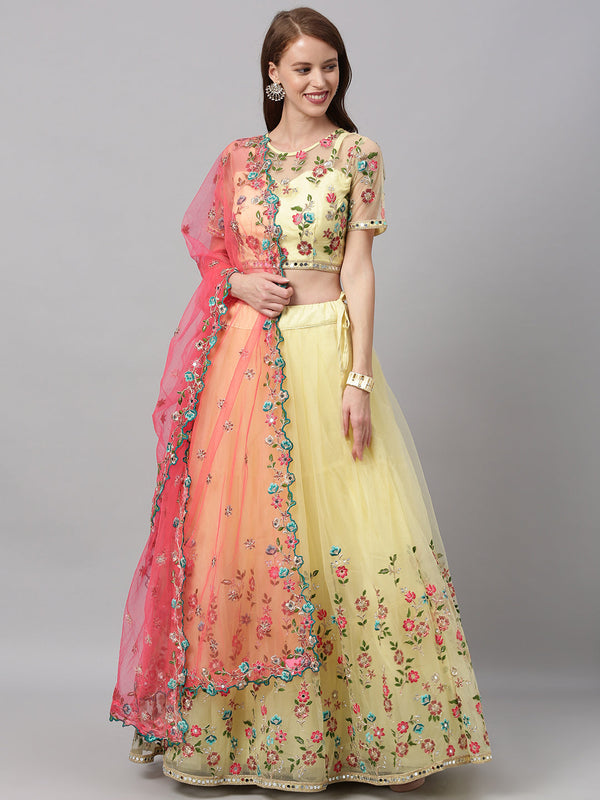 Women's Lemon Net  Thread And Mirror Lehenga Choli - Royal Dwells