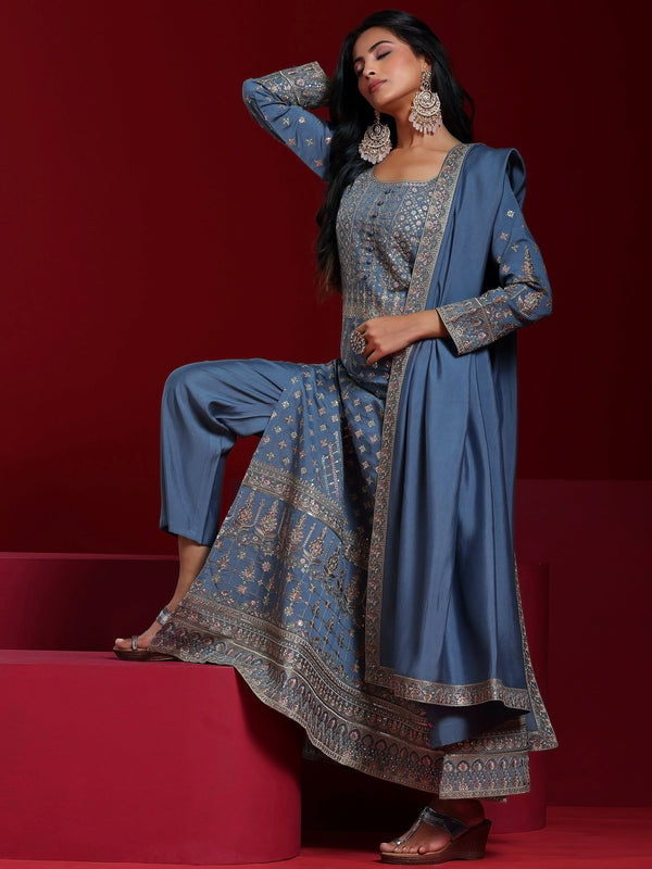 Jashvi Art Blue Embroidered Silk Blend A-Line Kurta With Sharara & Dupatta