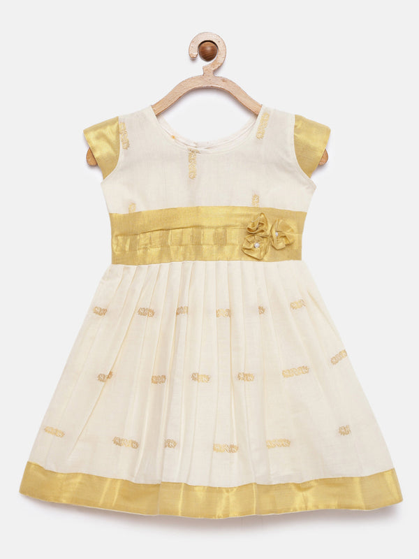 Girl's Offwhite Color Kerala Cotton Frock - Kanakadara Kids