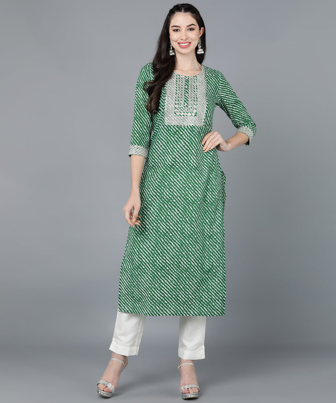 Women's Cotton Lehriya Print Straight Kurta (Green) - Kipek