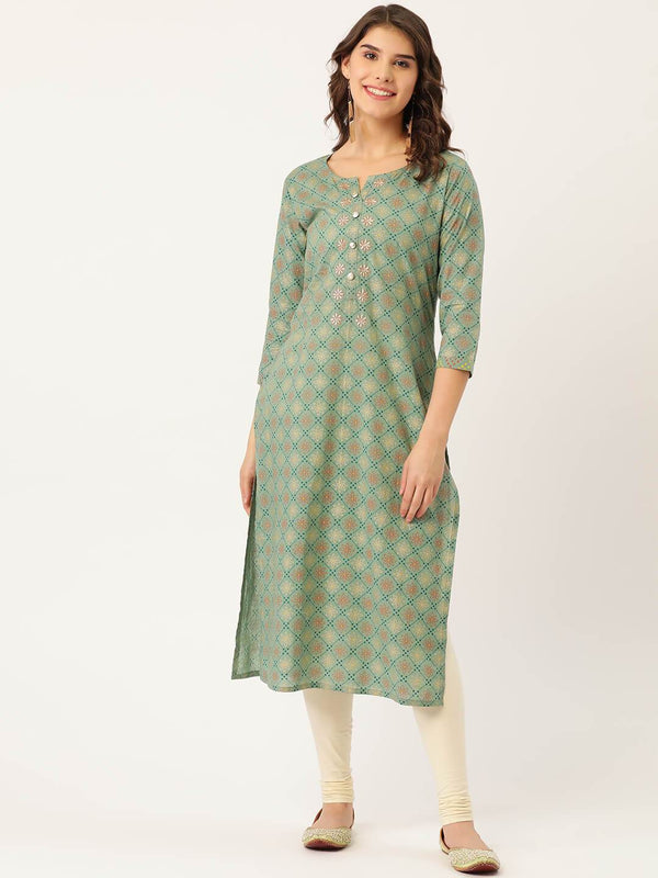 Women's Cotton Printed with Zari work & embroidered buttons detailing Kurta - Maaesa