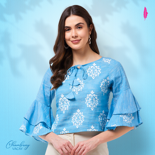 Women's Block Printed Chambray Top With Bell Sleeves - Pannkh