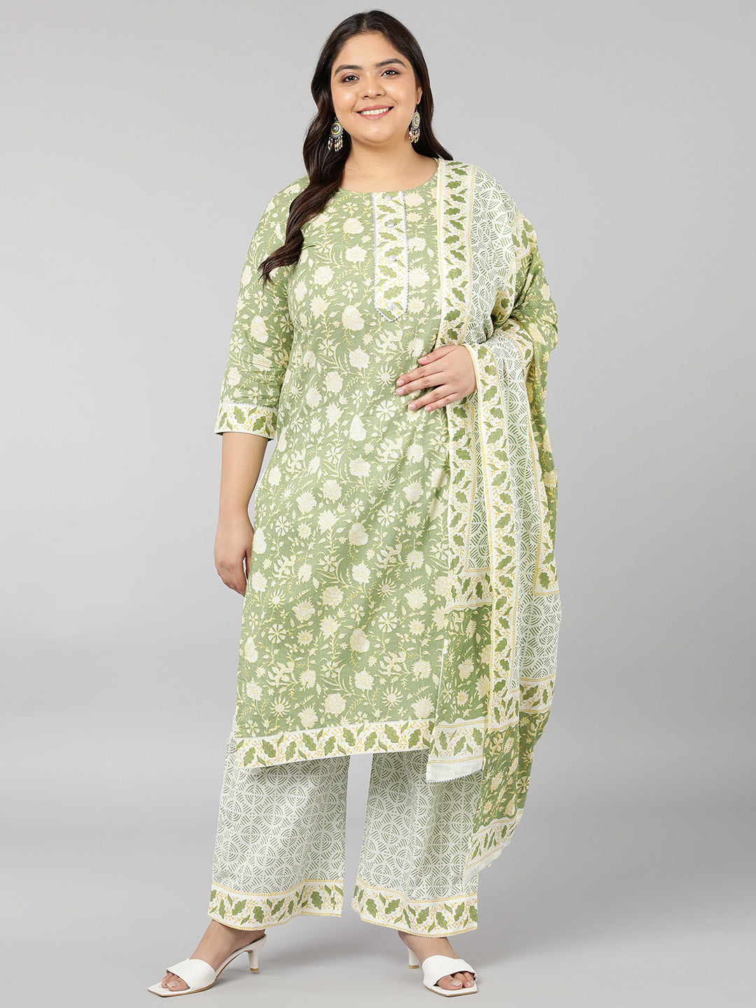 Women's Cotton Floral Print Straight Kurta Set (Light Green) - Kipek